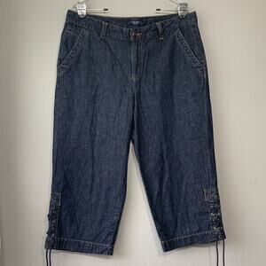 Chaps Size 12P Petite Lace Up Capris Dark Wash Denim Blue Jeans Classic Preppy